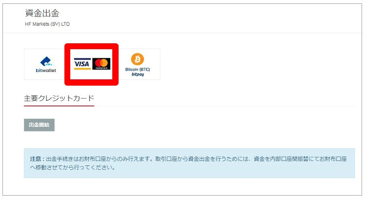 クレジットカードでの出金方法と手順①